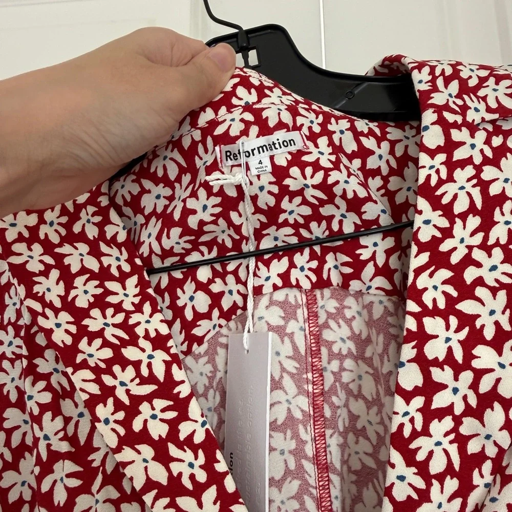 Reformation Red and White Floral V-Neck Puff Sleeve Top